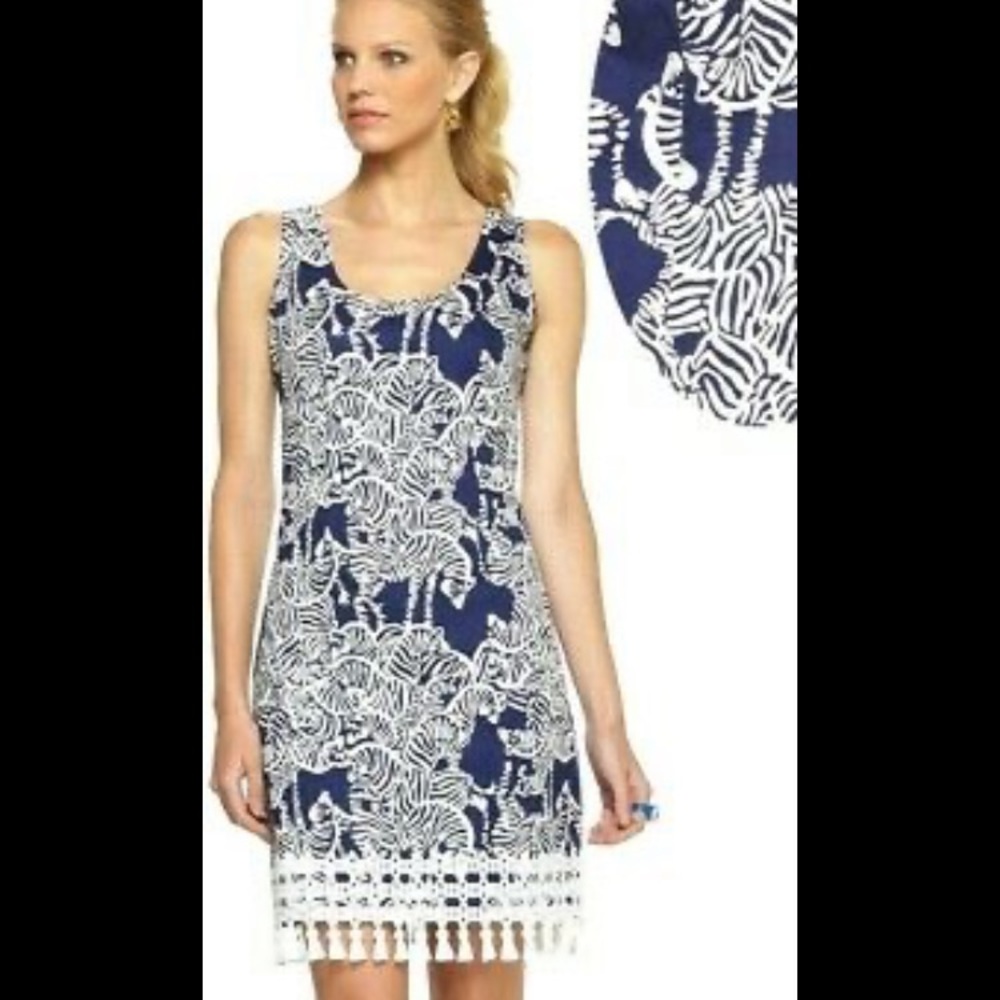 Lilly Pulitzer Thompson Bright Navy I Herd You Zebra Shift Lace Tassel Dress